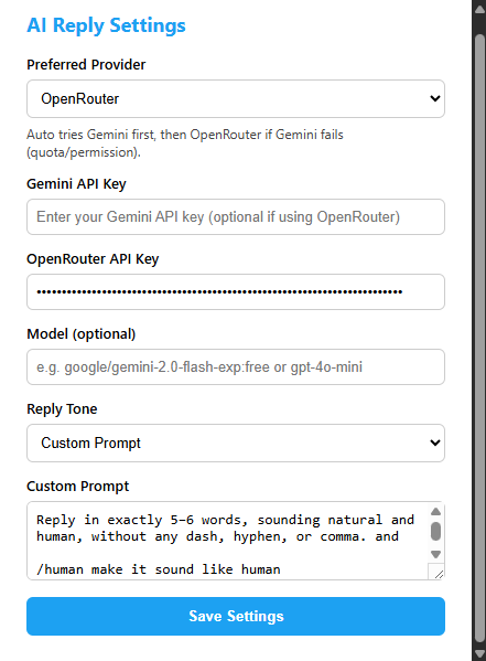Extension settings panel